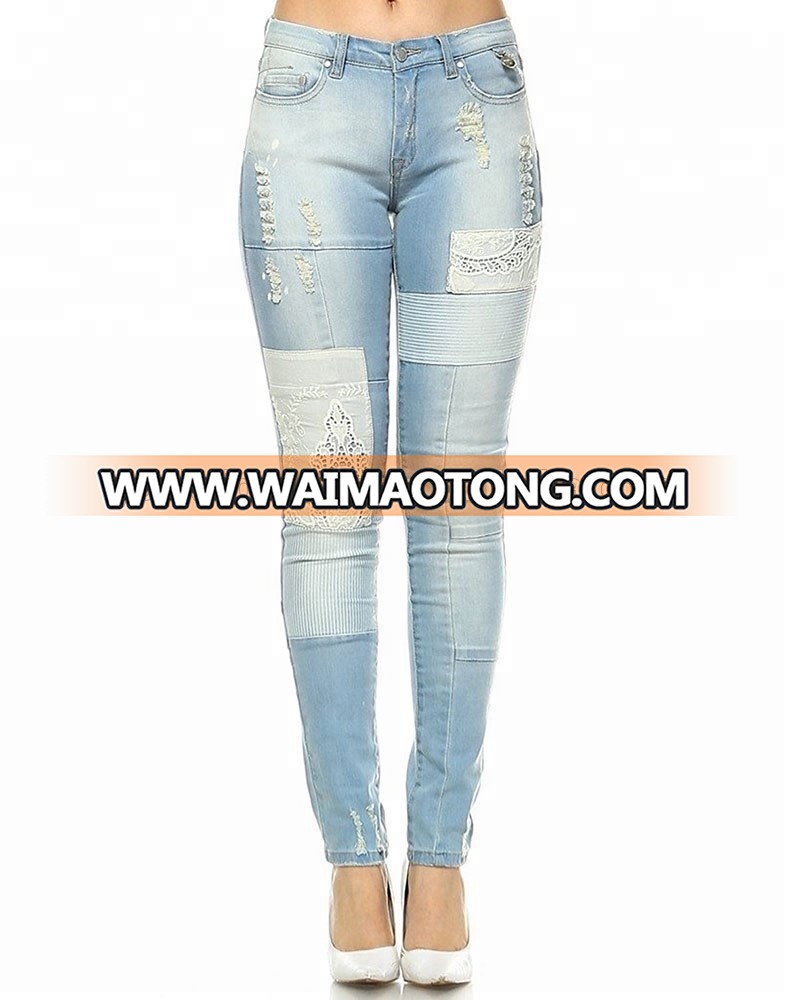 Women Skinny Jeans with Crochet Patchwork New Style Ripped jeans sex Lady denim pants