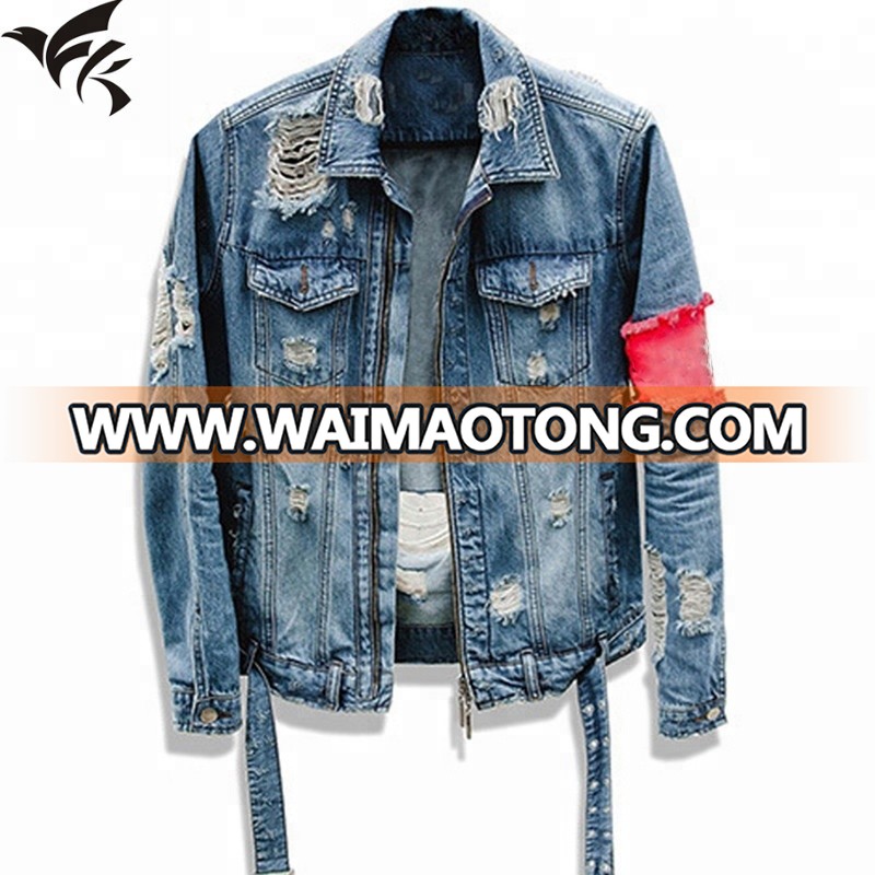 Customized damaged mens wholesale denim ripped bomber jacket